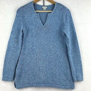 LL Bean Women's Medium Heavy Knit 100% Cotton Split Neck Pullover Sweater Blue